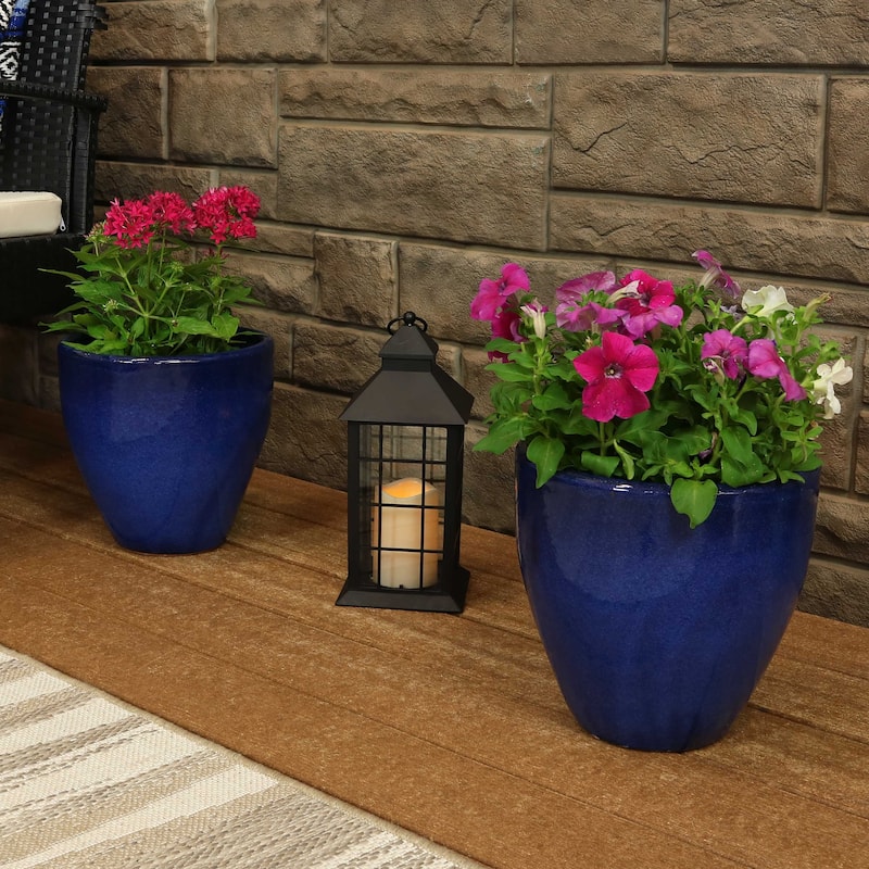Sunnydaze Glazed Ceramic Planter with Drainage Holes - Set of 2 - 10-Inch - Imperial Blue