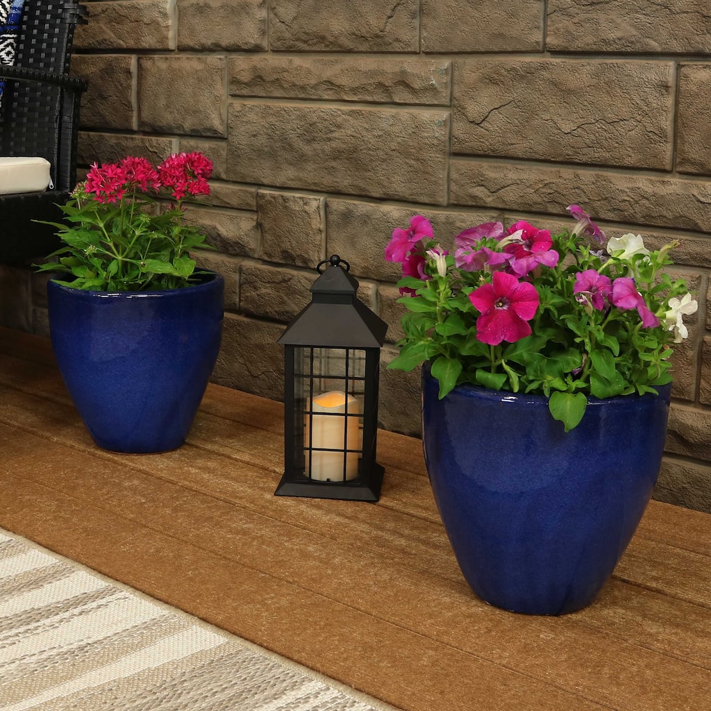 Sunnydaze Glazed Ceramic Planter with Drainage Holes - Set of 2