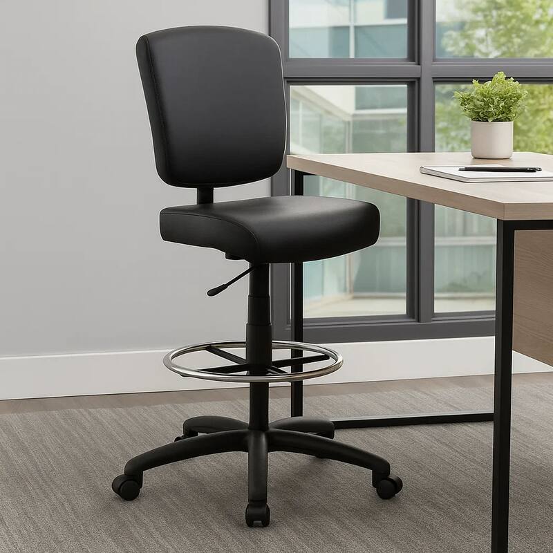 Hya Heavy Duty Swivel Office Stool with Footring, Black Cushions