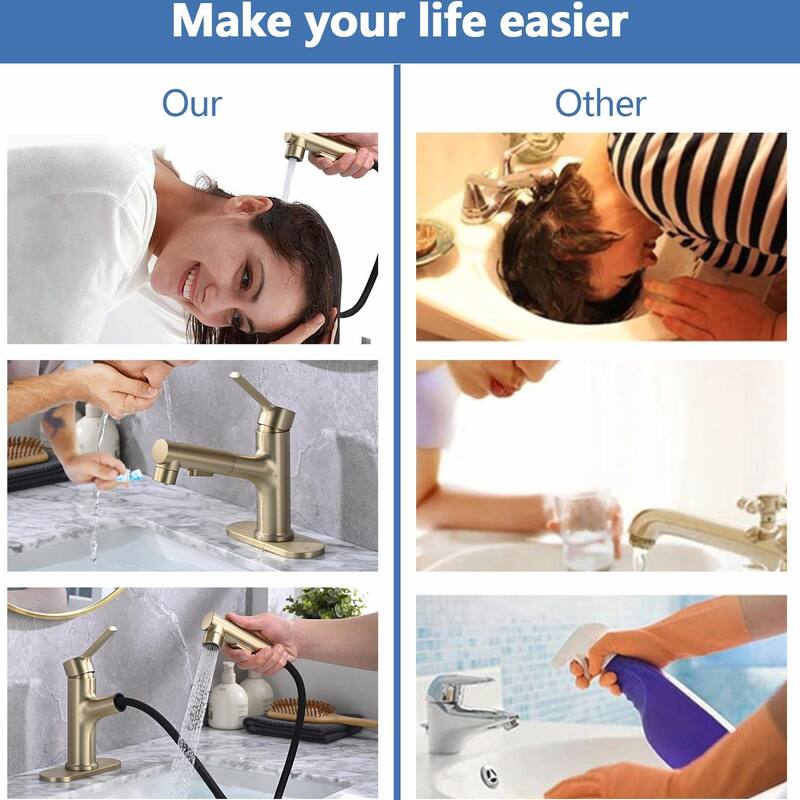 Stainless Steel Bathroom Faucet with Pull-Out Sprayer & 3 Settings