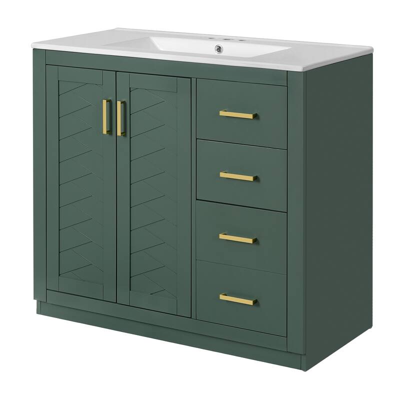 Freestanding Geometric Pattern Bathroom Vanity Solid Wood Frame Storage Cabinet with Sink, 3 Drawers and Soft Closing Doors