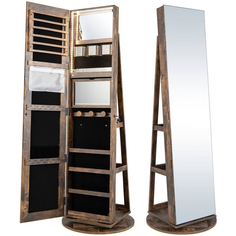 Gymax Rotating Mirrored Jewelry Cabinet with Mirror Storage Shelves - Khaki