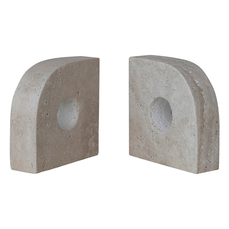 Travertine Bookends with Circle Cut-Outs - 5.0"L x 1.5"W x 5.0"H