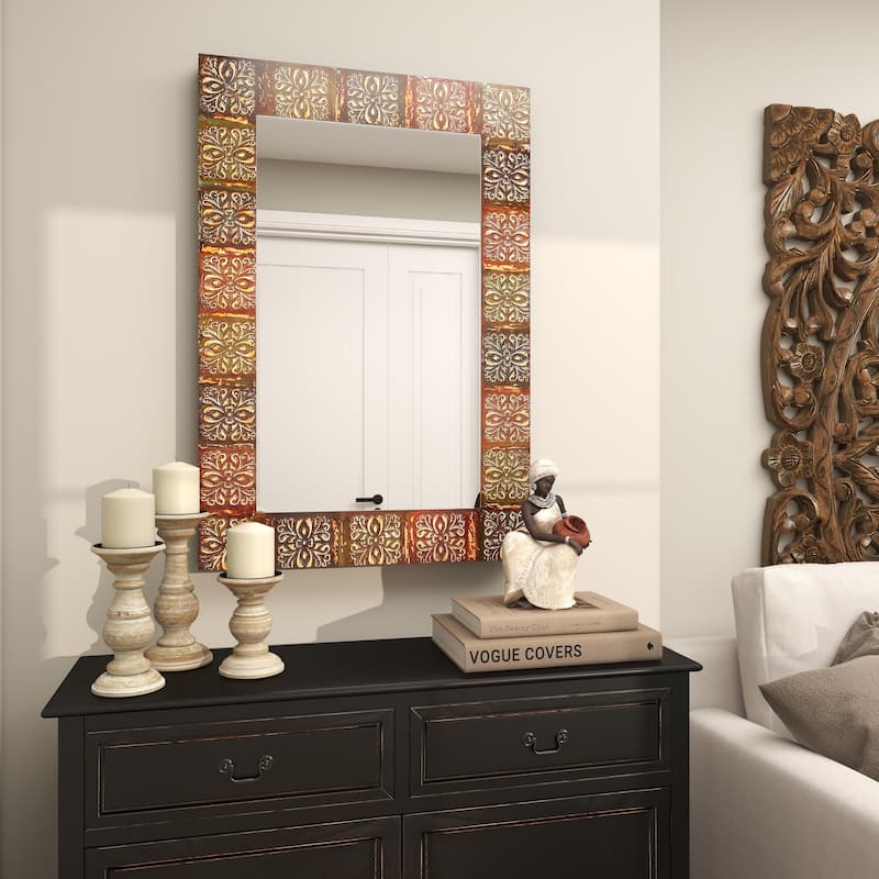 Metal Floral Room Wall Mirror with Embossed Metal - Multi Colored - Roche River Decor