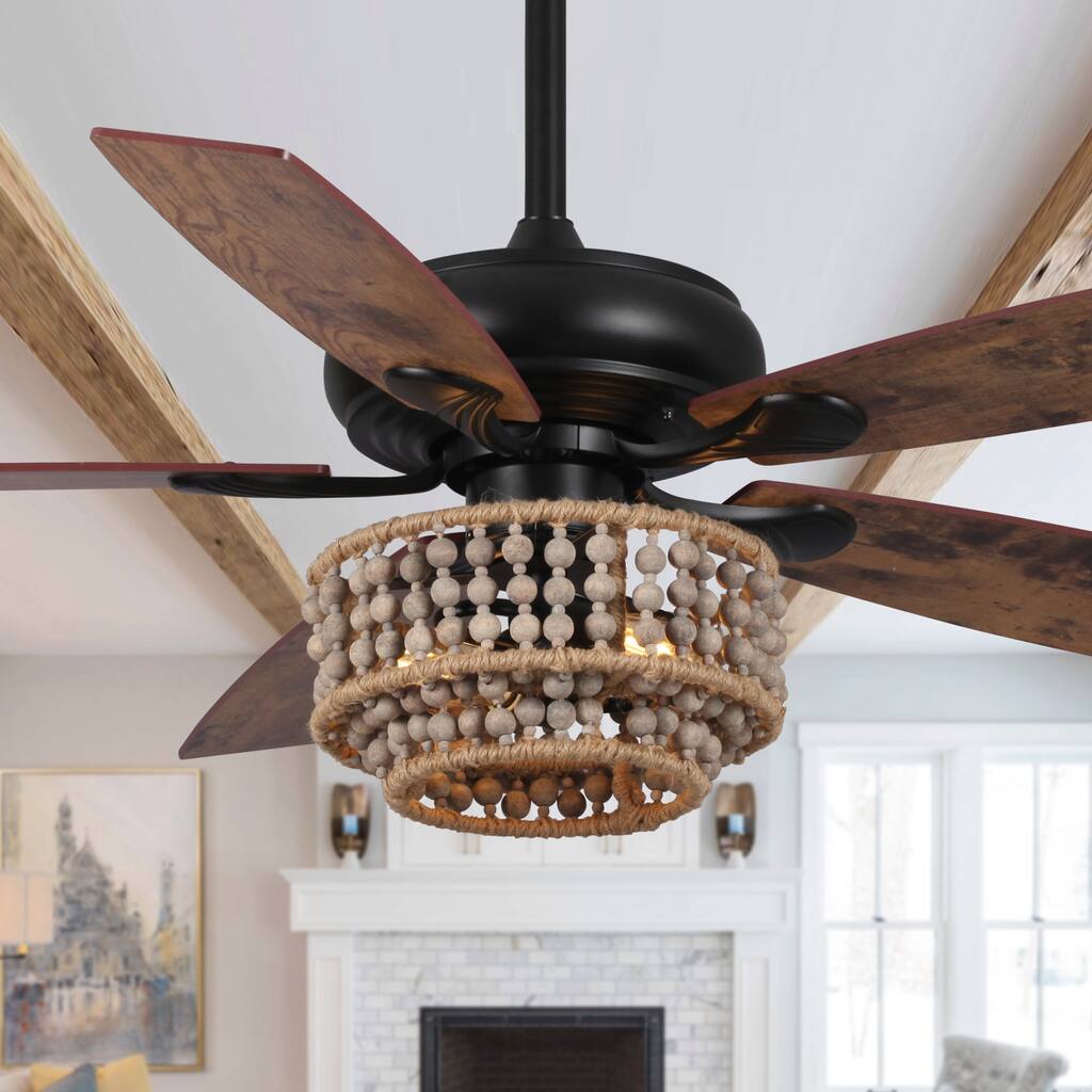 52" Farmhouse Driftwood Jute Wooden Beads Ceiling Fan with Remote