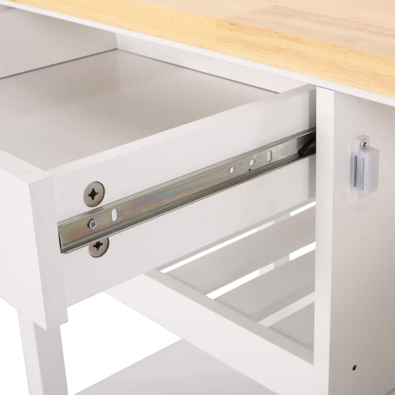 Contemporary Kitchen Cart with Rubberwood Top, Multi-Function Storage Drawer, Open Shelves, Rolling Casters with Locks