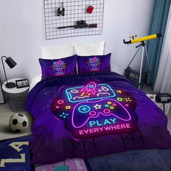slide 2 of 11, 3 Pieces Trippy Neon Gamepad Duvet Cover Set Twin For Gamer Soft Bedding Set Multi