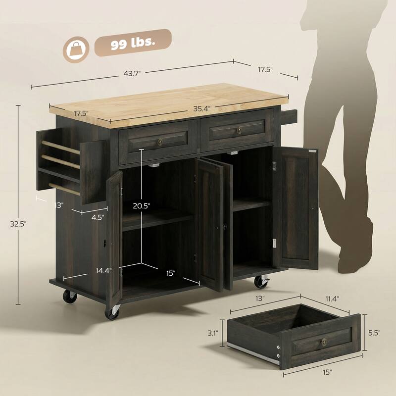 HOMCOM Kitchen Island on Wheels, Rolling Cart with Rubberwood Top, Spice Rack, Towel Rack and Drawers for Dining Room, Brown Oak