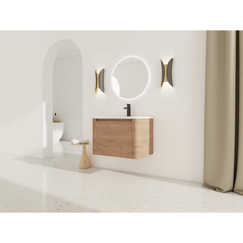 28'' Wall-Mounted Bathroom Vanity with White Ceramic Sink & 1-Soft-Close Door, KD-Packing, Plywood