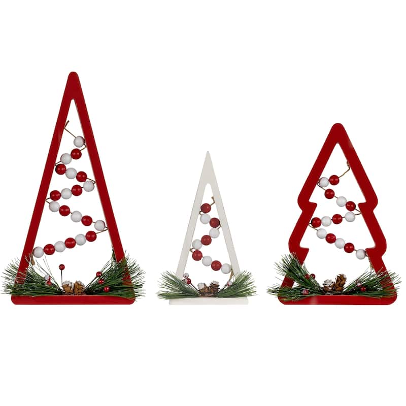 3 Red White Beaded Christmas Trees Wooden Table Decorations 11.75"