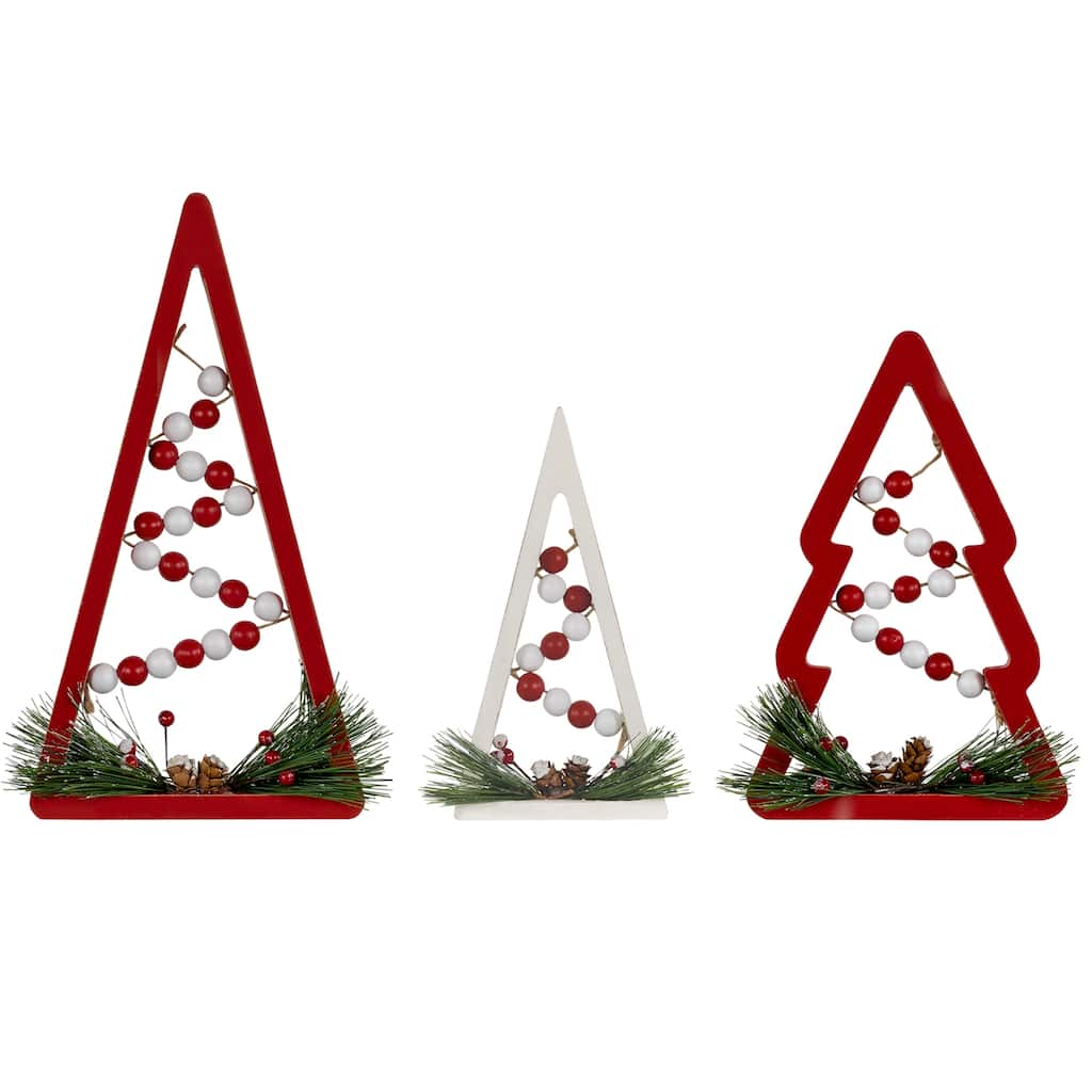 Wooden Trees with Beads Christmas Decorations - 11.75" - Red and White - Set of 3