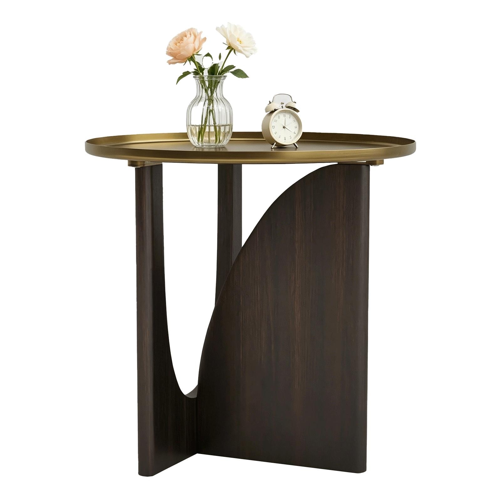 Brushed Gold Tray Top Round End Table with Solid Wood Base
