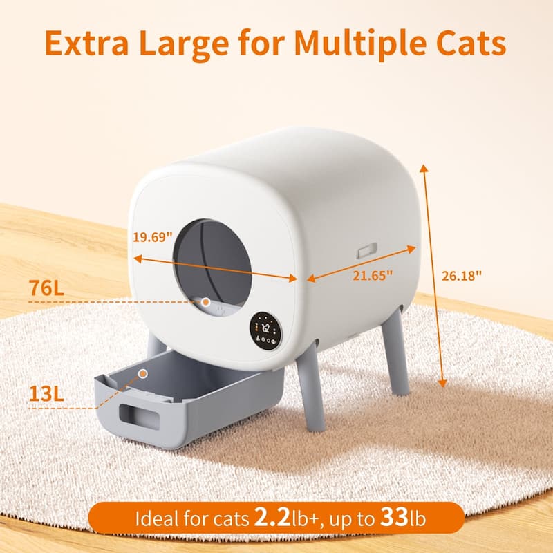 Biwave 89L White Self Cleaning Litter Box for Cats,App Control Support,Odor Removal