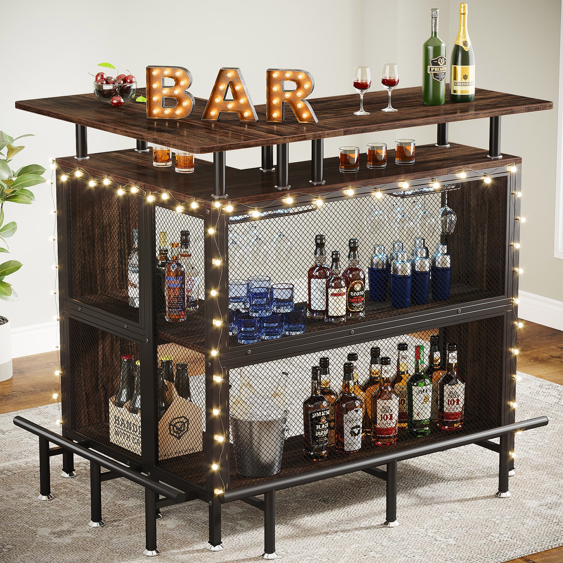 L shape Home Bar Unit Liquor Bar Table with 2 Tier Storage N A