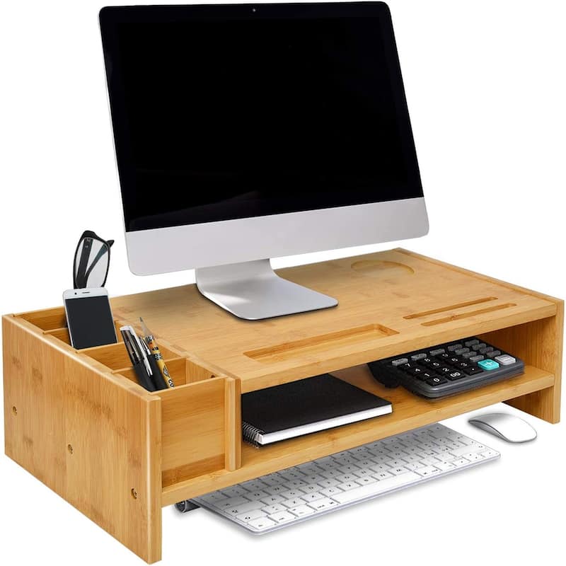 Wood Computer Monitor Stand Desktop Organizer with Drawer