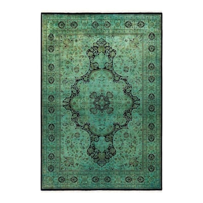 Overton Hand Knotted Wool Vintage Inspired Modern Contemporary Overdyed Green Area Rug - 6' 0" x 8' 9"