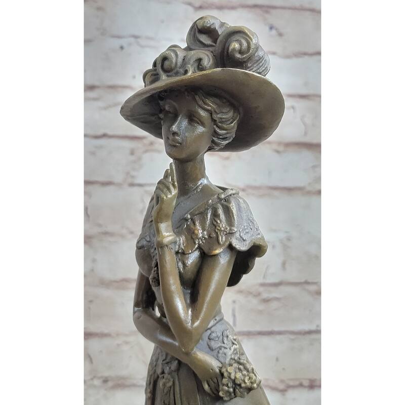 Young Woman In Victorian Fashion Hat Bronze Metal Figure Statue Sculpture Decor