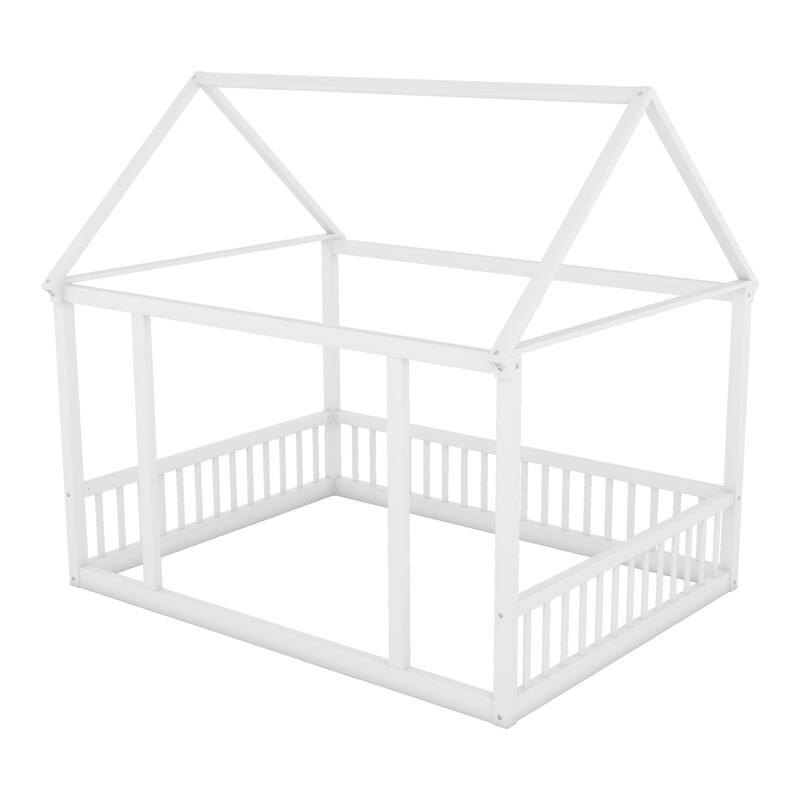 Twin/Full Size Floor Bed with Wooden House Roof Frame and Safety Guardrails for Children's Bedrooms, Small Space