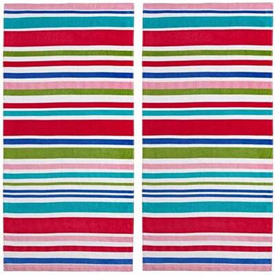 Mudd 100% Cotton Printed 2-Pack Beach Towel, 28 x 58 Inch, Cabana Stripe Pink Print