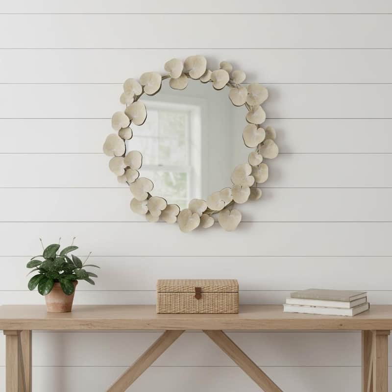 HomeRoots 29" Beige Metal Round Accent Mirror - 29.00 in. x 29.00 in. x 3.00 in. - 29.00 in. x 29.00 in.  x 3.00 in.