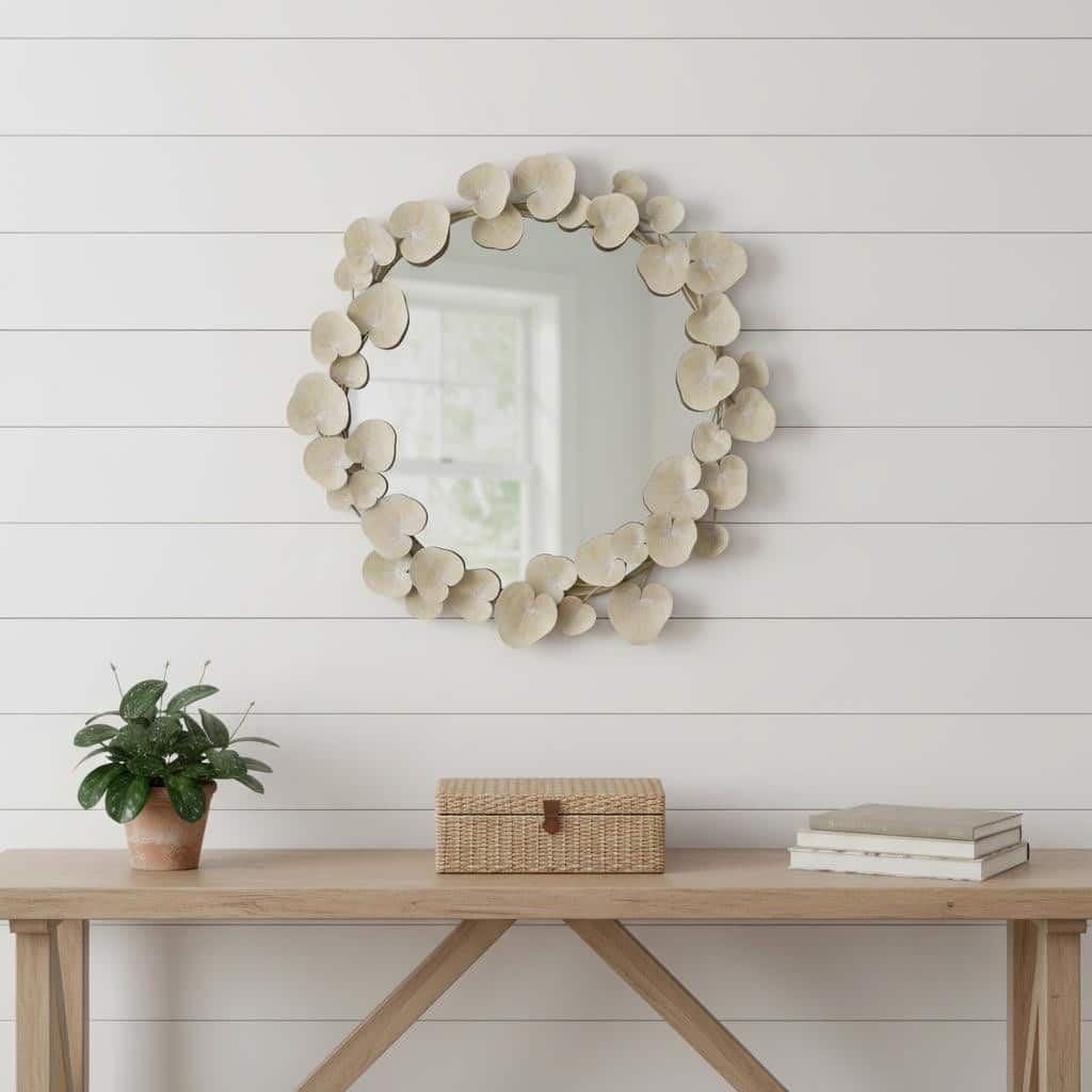 HomeRoots 29" Beige Metal Round Accent Mirror - 29.00 in. x 29.00 in. x 3.00 in.