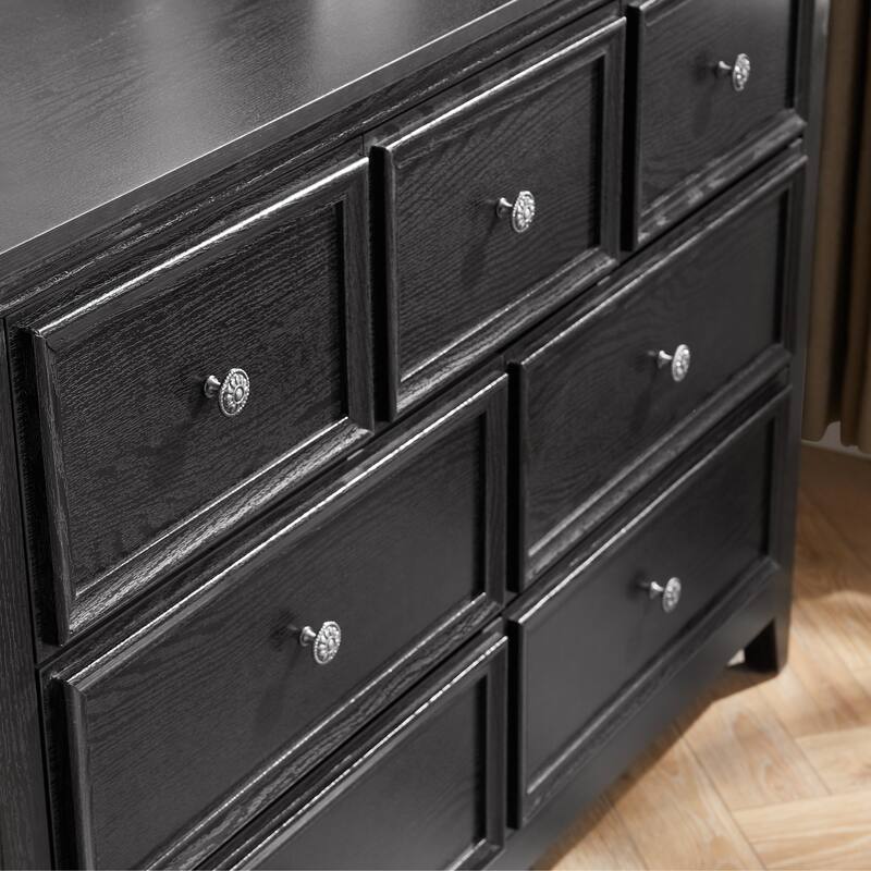 Spacious Black 7-Drawer Dresser, Farmhouse Clothes Organizer Cabinet
