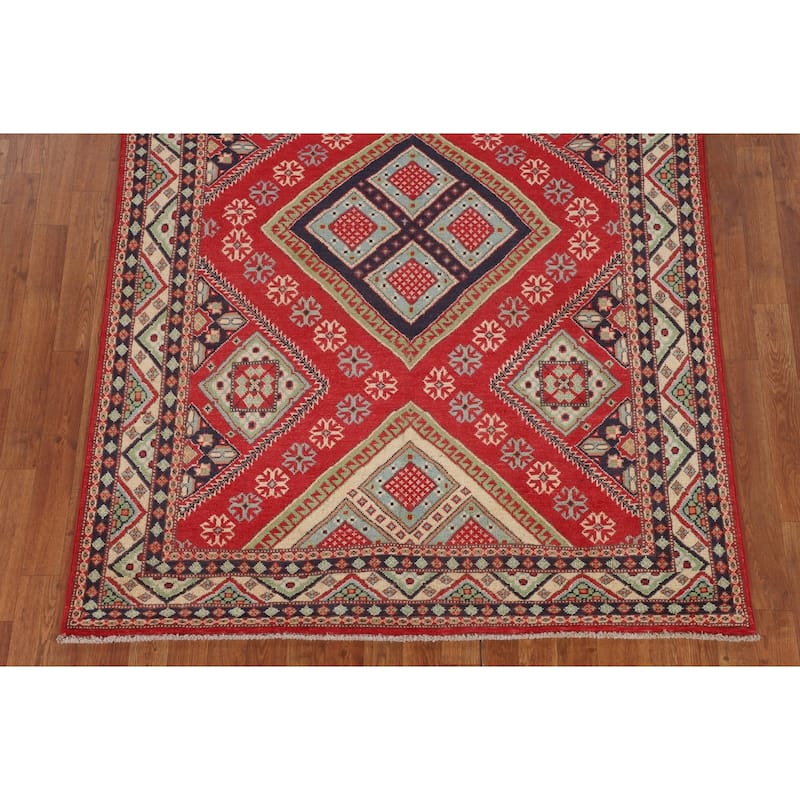 Geometric Kazak Area Rug Hand-Knotted Oriental Wool Carpet - 4'10" x 6'6"