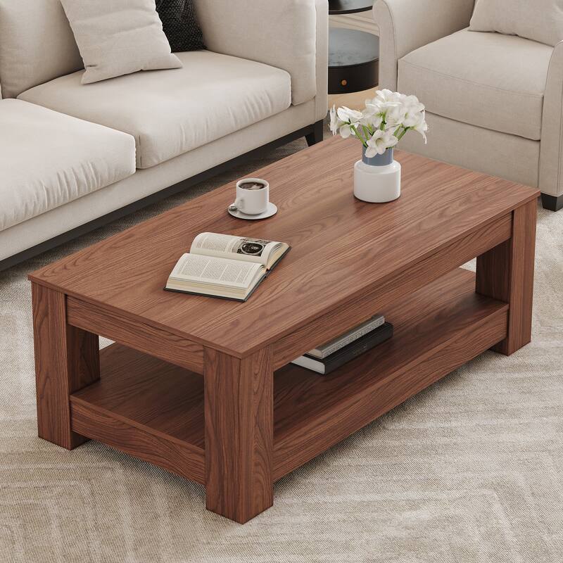 A modern and practical coffee table. The double layered coffee table is made of MDF material