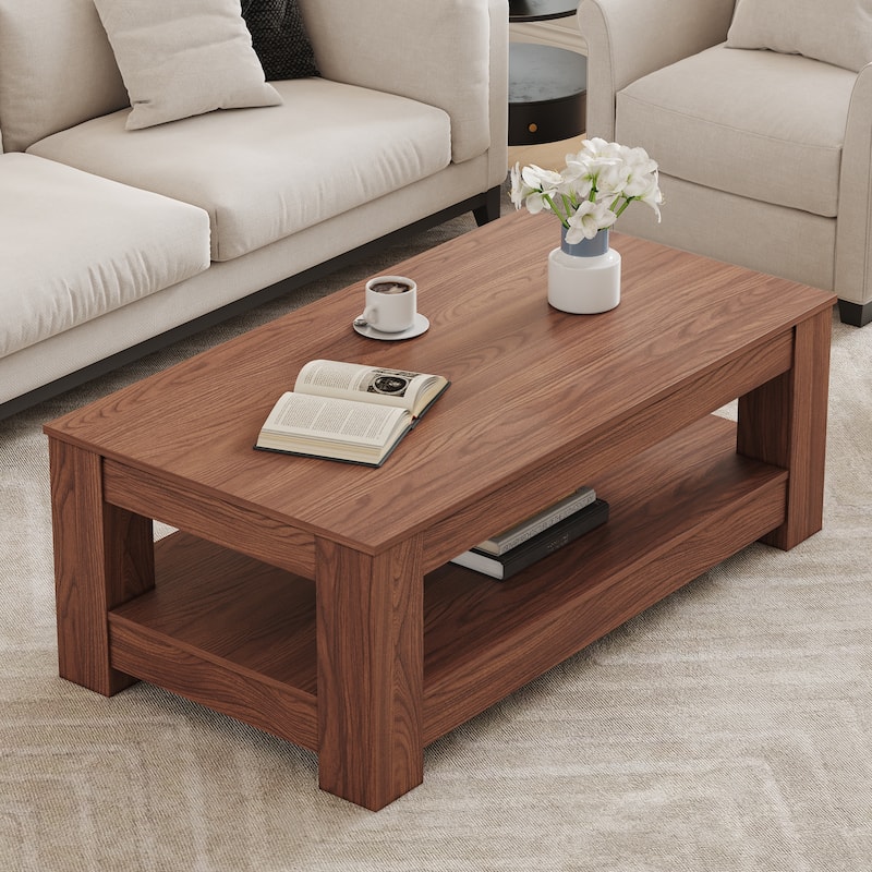 Walnut Coffee Table Center Table with Bottom Shelf, Side Table End Table Dining Table Cocktail Table - Walnut