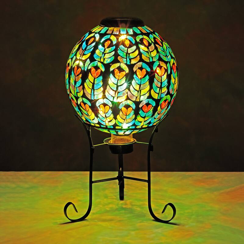Solar 10" Peacock Feather Mosaic Gazing Globe w/Metal Stand