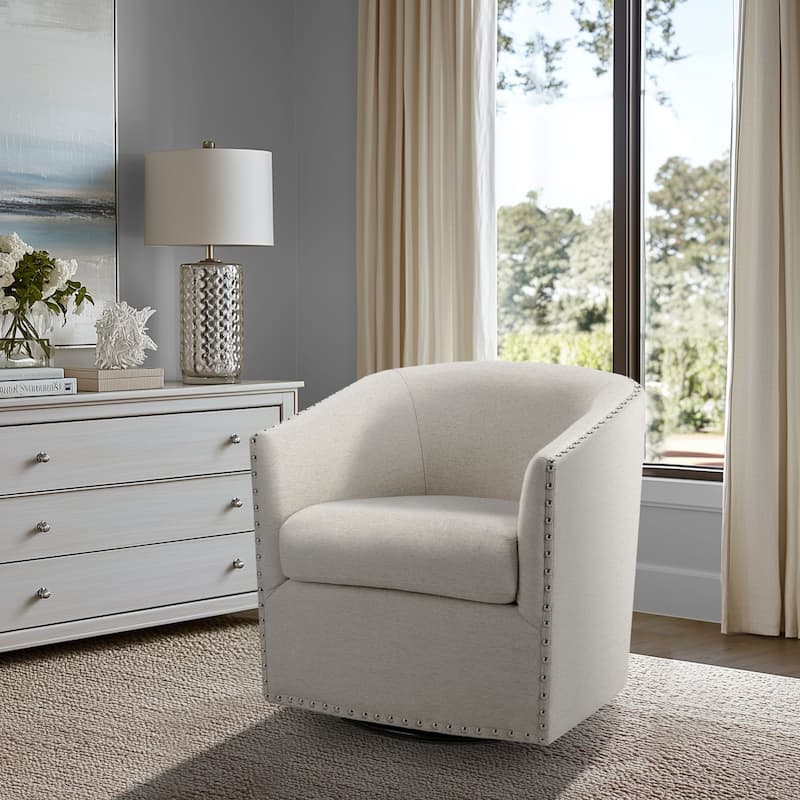 Madison Park Tyler Upholstered Swivel Barrel Chair with Nailheads