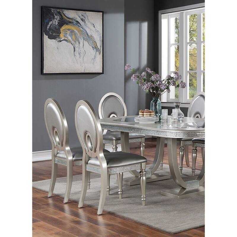 Formal 2pcs Chairs Side Chair Cutout Back Cushion Leatherette Upholstered - Silver