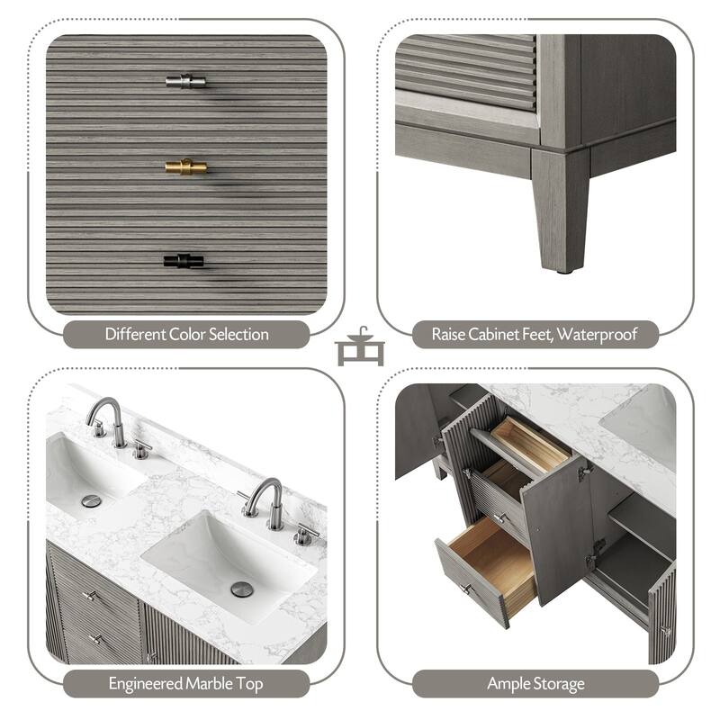 Vanity Art 60" Freestanding Bathroom Vanity with Engineered Marble Top and Sinks