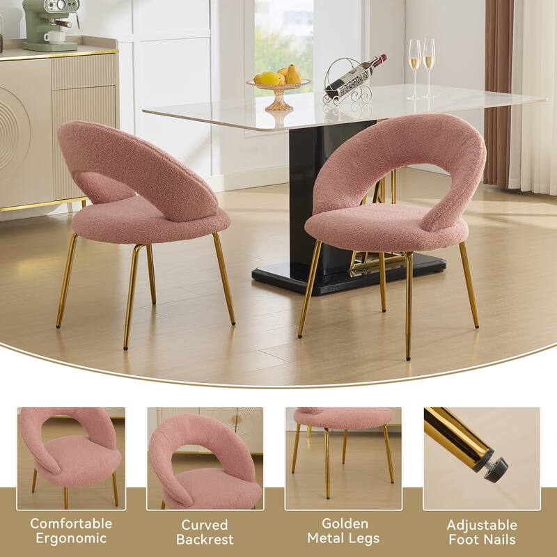 Set of 1 Dining Chairs With Curved Backrest and Golden Metal Legs - Pink
