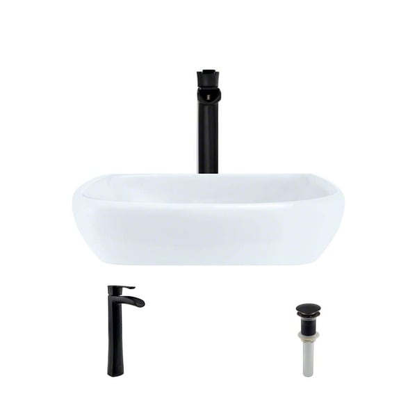Rene R2-5011-W-R9-7007 16-1/2" Porcelain Vessel Bathroom Sink with Vessel Faucet and Vessel Pop-Up Drain