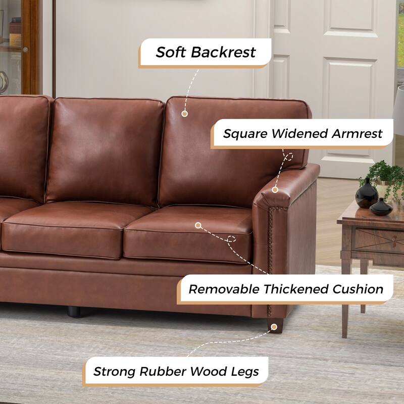 Rita Transitional Living Room 3-Seat Genuine Leather Nailhead Sofa with Solid Wood Legs and Removable Cushions