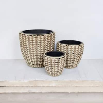 Alpine Corporation VTAHK130A-GR Poly Rattan Planter Set of 3 with Removable Inserts, Modern Outdoor Decorative Pots, Gray