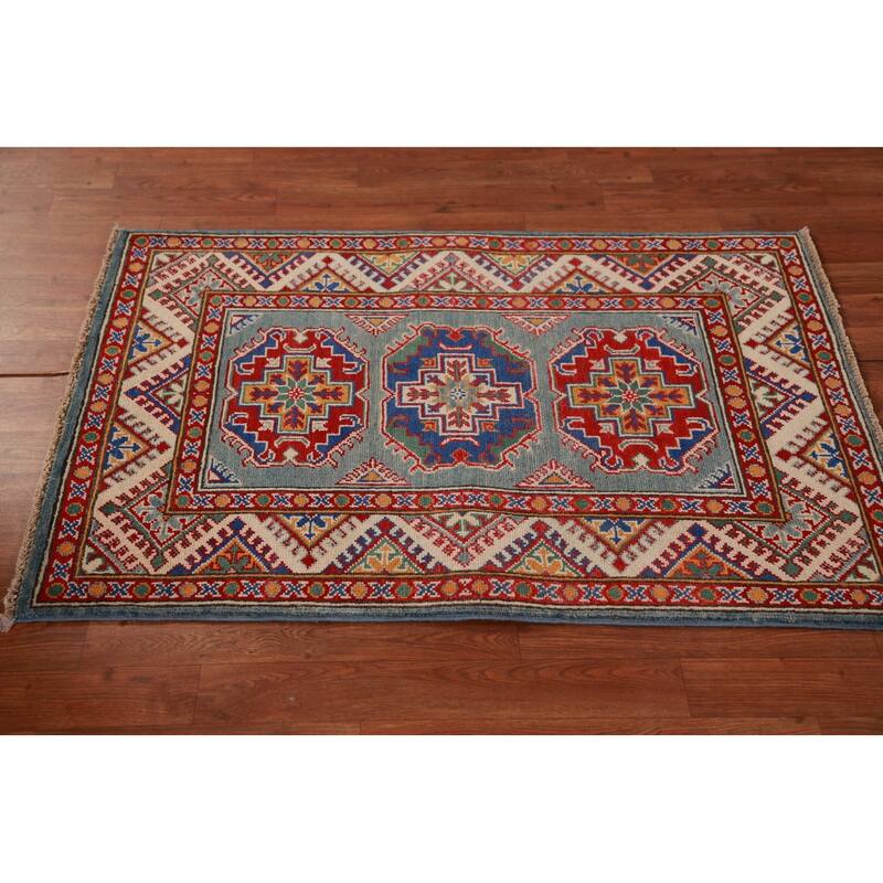 Geometric Kazak Foyer Rug Blue Traditional Handmade Wool Carpet - 2'9"x 3'11"
