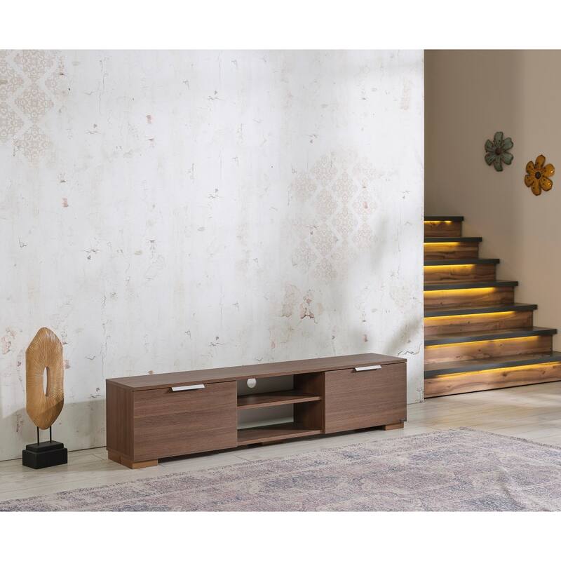 FurnisHome Store Luxia Mid Century Modern Tv Stand 2 Sliding Door Cabinet 2 Shelves 67 inch Tv Uni, White