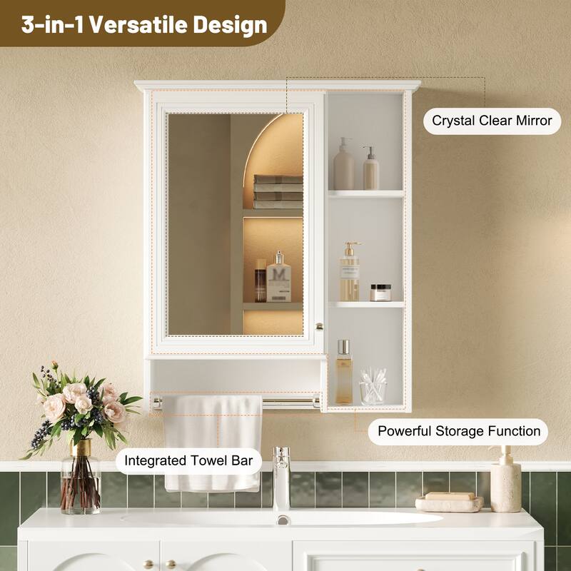 24-inch 3-in-1 Bathroom Mirror Cabinet - Wall Mounted Medicine Cabinet with Adjustable Shelf & Tower Bar, High-Define Mirror