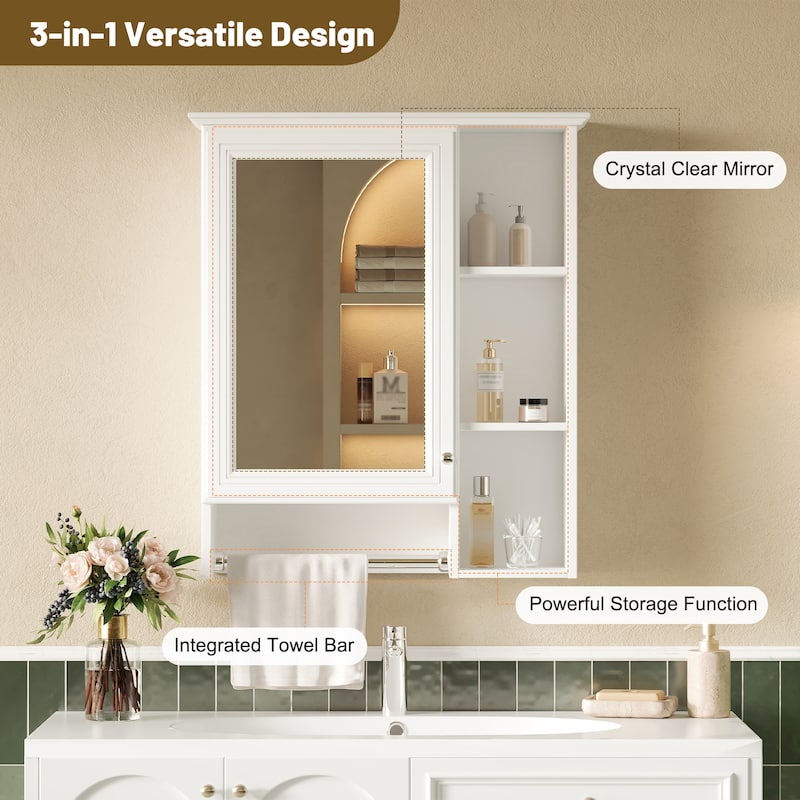 3-in-1 Bathroom Mirror Cabinet, 24-inch Wall Mounted Medicine Cabinet with Adjustable Shelf & Tower Bar