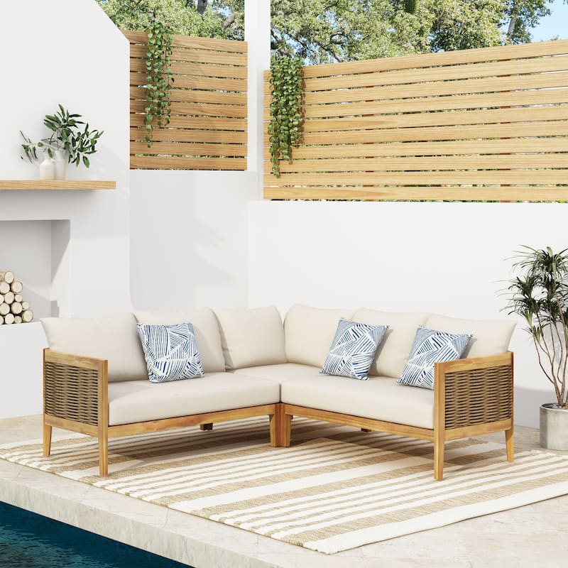 Burchett Acacia Wood and Round Wicker Outdoor 5 Seater Sectional Sofa Set with Cushions by Christopher Knight Home - Teak/Mixed Brown/Beige