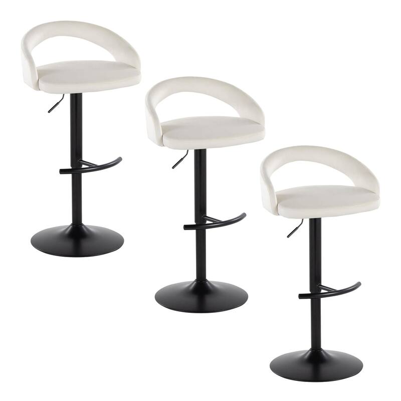 Grotto Upholstered Adjustable Barstool with Black Metal - Set Of 3 - White Velvet