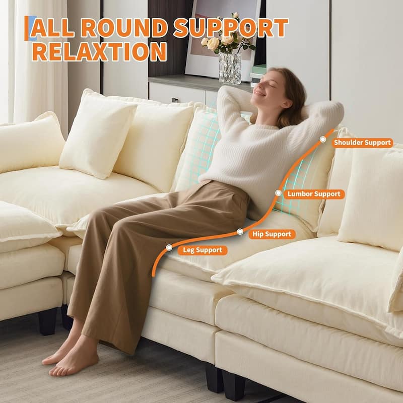 112.2" Sectional Cloud Couch, Modular Sectional Couches Sofa for Living Room with Movable Ottoman, 3-Seater Chenille