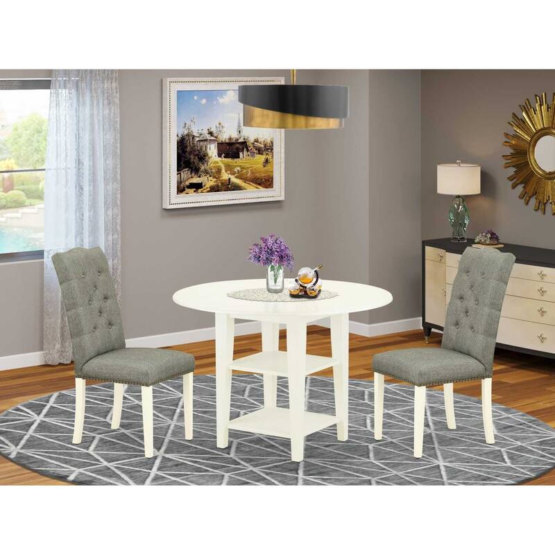 HomeStock 3-Piece Linen White Finish Round Solid Wood Top Dining Table Set