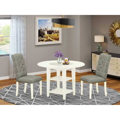 HomeStock 3-Piece Linen White Finish Round Solid Wood Top Dining Table Set