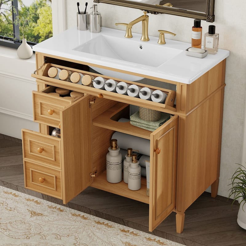 Merax Bathroom Vanity with Ceramic Sink Top & Dual-Size Drawers