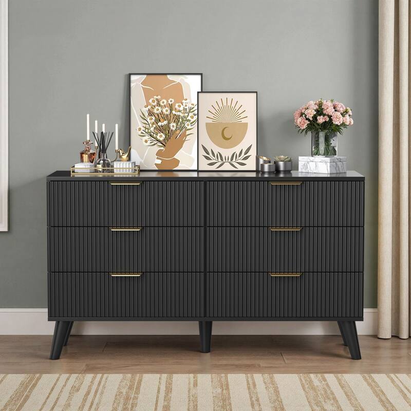 Meyreso Modern Boho Wave Wood Dresser, Wide Storage Cabinet