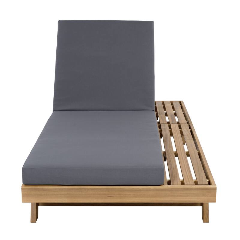 Outdoor Patio Acacia Wood Chaise Lounge Chair with Adjustable Backrest, Side Open Storage and Water-Repellent Cushions