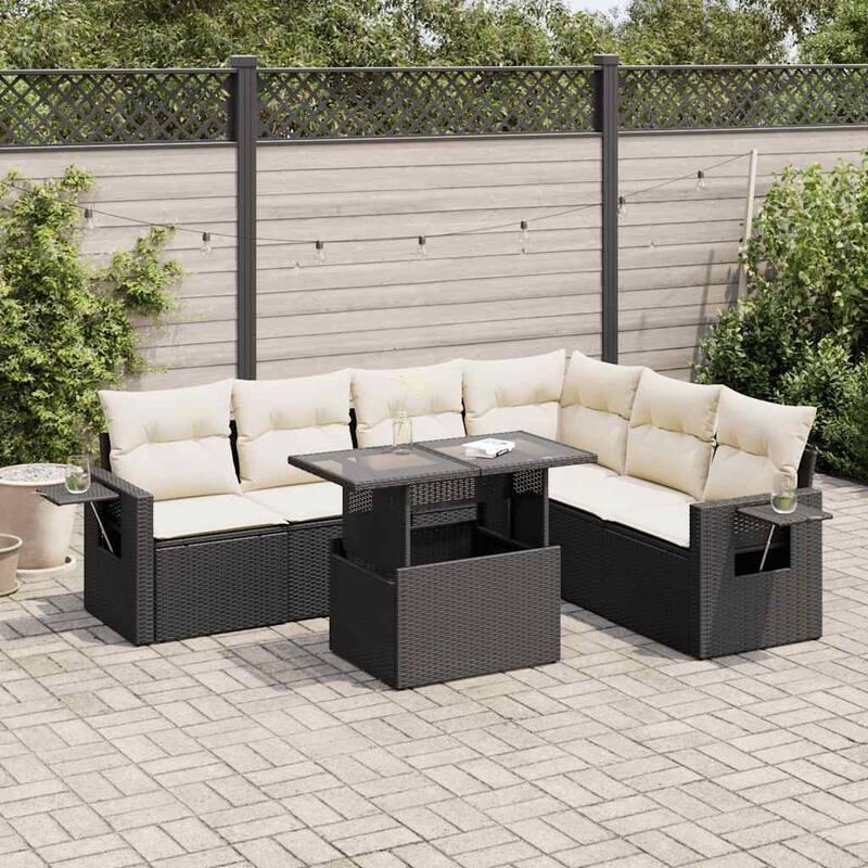 vidaXL Patio Sofa Set with Cushions Outdoor Furniture 7 Piece Poly Rattan - 21.7 x 39.4 x 28.7 - Black and Cream-with storage